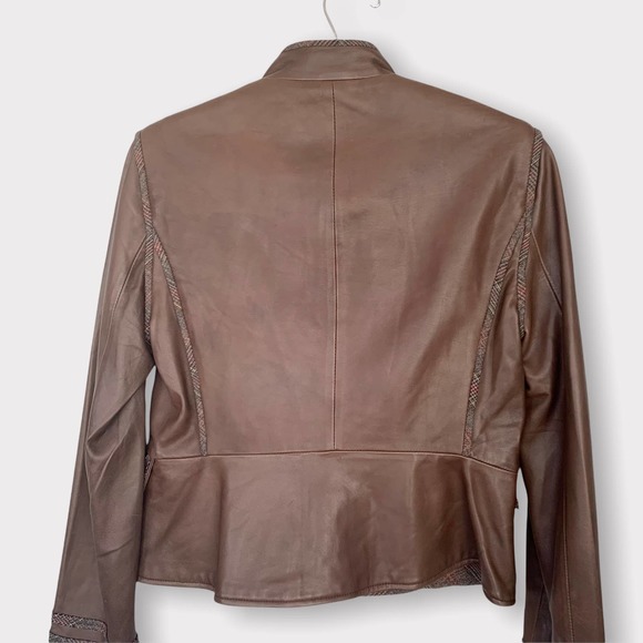 BCBMaxAzria Military Style Leather Jacket With Plaid Trim Size Medium - Picture 8 of 11